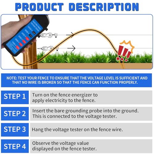 Electric Fence Voltage Tester, 10KV Digital Electric Fence Tester, Handheld Electric Fence Fault Finder, Farms Fault Troubleshooter with 8 Neon Indicator Lights
