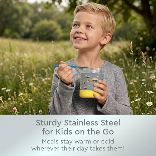 Bentgo Kids Stainless Steel Leak-Proof Food Jar for Hot or Cold Food | 11 fl oz Double Insulated Container with Removable Silicone Bumper, Dishwasher Safe, Easy Open Lid, Ages 3+ (Construction) - color: Construction Trucks