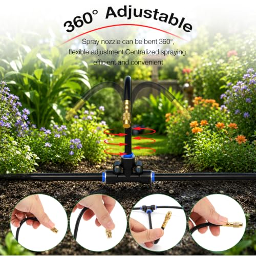 Pro-Series Drip Irrigation System, 100FT 1/4" Garden Watering System with 16pcs 360° Bendable Copper Nozzles, Leak-Free Quick-Connect Misting Sprinkler Kit for Patio, Raised Beds, Yard, Greenhouse - size: 100FT