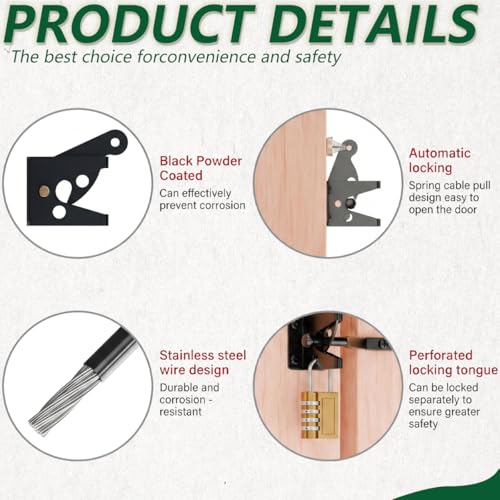 Self-Locking Gate Latch with Spring, Heavy Duty Automatic Fence Latch | Spring-Loaded Self-Locking; Thick Steel, Black Coated; for Wood Fence, Garden, Pool, Barn Gates; Works with Padlocks - size: With Spring-loaded pull cord