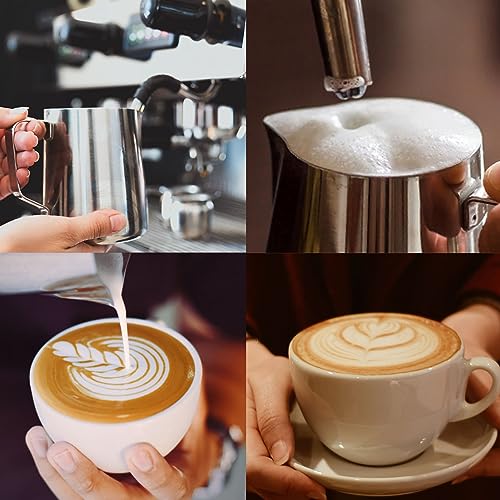 Milk Frothing Pitcher, 20oz Stainless Steel Milk Frother Cup Steaming Pitcher, Coffee Bar Cappuccino Espresso Machine Accessories Barista Tools, Metal Pitcher Milk Jug with Decorating Latte Art Pen - color: A0 Silver, size: 20 Ounces