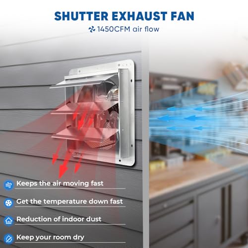 KEN BROWN 12 Inch Shutter Exhaust Fan, Gable Vent Fan, Wall Mount Ventilation, High Speed 1450 CFM, Automatic Aluminum Blades, for Garages, Shop, Greenhouse, Attic, with Power Cord - size: 12 Inch