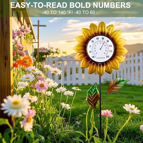 Outdoor Thermometers for Patio, 35.8" Tall Stake Sunflower Thermometer | Indoor Wall Mounted Thermometer Decorative for Yard Garden Pool Decor, Easy-Read, No Require Batteries - style: Sunflowers