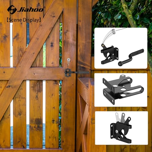 Self Locking Gate Latch with Spring Cable Pull, Automatic Lever Latch | For Wooden Fence, Door Latch Hardware for Outdoor Fence, Secure Pool, Garden, Shed, Cage, Black Finish
