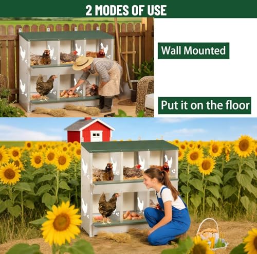 Chicken Nesting Box, 6 Compartments Nesting Box with 4 Fake Eggs & 10 Soft Nest Pads, Wall Mounting for Easy Egg Collection, Heavy Duty Galvanized Steel Rustproof Laying Box with Vented & Easy Clean - size: 6 compartment with Legs