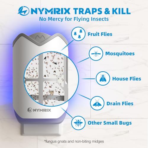 Nymrix Flying Insect Trap, Plug-in Indoor Fly Trap for Fruit Flies & Gnats | 24/7 Blue Light Trap for House Flies & Mosquitoes, Works in Kitchens & Near Plants, Safe for Kids & Pets, 1 Base + 3 Refills
