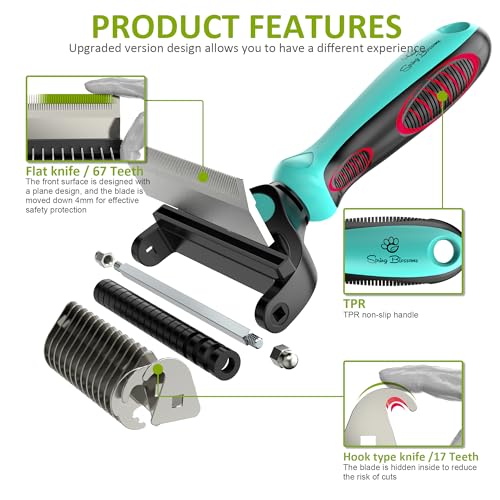 Spring Blossoms-2 in 1 Professional Grooming Rake for Cats & Dogs-Dematting Comb for Easy Mats & Tangles Removing,Pet Brush Safe No More Nasty Shedding and Flying Hair (Cyan) - color: Cyan