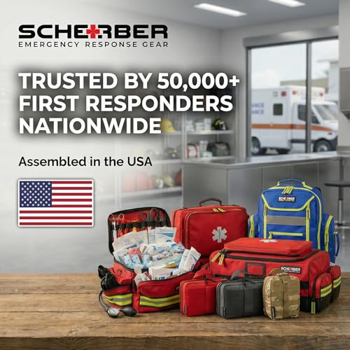 Scherber First Responder Fully-Stocked Professional Essentials EMT/EMS Trauma Kit | HSA/FSA Approved | Reflective Bag w/8 Zippered Pockets & Compartments & 200+ First Aid Supplies - Black - color: Black