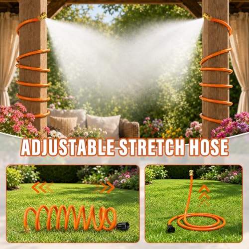 SPECILITE Misters for Outside Patio, 6.5 FT Hose Water Mist, 1 Pack | 360° Cover Mister Cooling System, with 6 Brass Nozzles and 4 Brass Plugs, for Garden, Backyard, BBQ, Pet, Chicken Coop