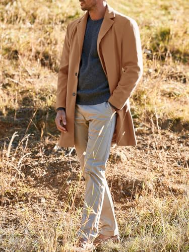PASLTER Mens Trench Coat Slim Fit Mid Length Pea Coat Winter Overcoat | Notched Collar,Single Breasted,Warm Peacoat Jacket,Soft Mens Dress Coat,Fall Winter Mens Trench Coat Long - color: Khaki, size: Large