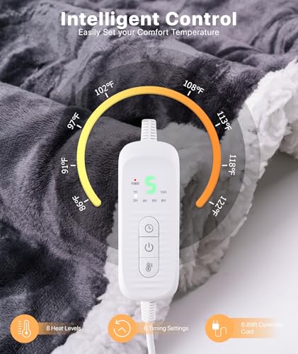 SIHOHAN Portable Heated Blanket with Foot Pockets for Wearable | Heated Throw Blanket, Flannel & Sherpa, 8 Heat Levels & Timer, 50x70 Inch Grey Home Office Travel, Machine Washable - size: 50*70 Grayish White