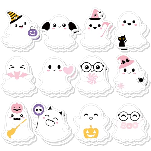 Yinder 24 Pads Kawaii Ghost Sticky Notes Fun Cartoon Memo for School | Cute Animal Designs with Cat Pumpkin Candy, Self Adhesive Memo Pad for Office Party Supplies, Bulk Gift for Students - style: Ghost