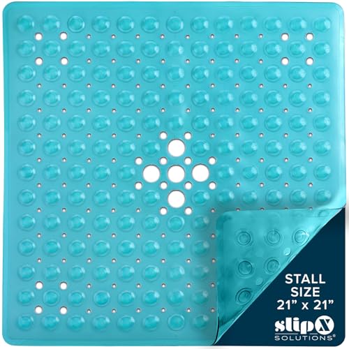 SlipX Solutions 21" Square Non Slip Shower Stall & Bathtub Mat, Aqua | Anti Slip Essential Shower Mat For Bathers Of All Ages, 25% Stronger Suction Cups, Soft Underfoot, Machine Washable - color: Aqua