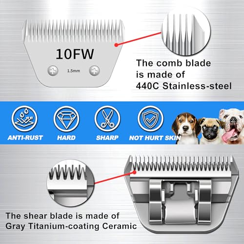 10W Detachable Pet Clipper Wide 10 Blades Dog Grooming Clipper Replacement Ceramic Blades, Compatible with Andis, Wahl, Oster(Size 10FW,Cut Length 1.5mm) - size: 10FW (1.5mm)
