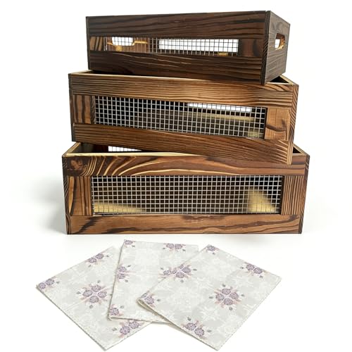 Set of 3 Wooden Crate For Kitchen Counter, Small Wood Storage Basket | Rustic Nesting Wood Organizer Box, Decorative Crates for Display, Pantry Countertop, Fruit, Vegetable, Include 3 Fabric Mats