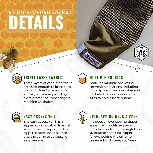 Sting Stopper Ventilated Beekeeping Jacket with Veil, Olive Green, X-Small | Triple Layer, Breathable, Long Torso, 7 Pockets, YKK Zippers, For Men & Women - color: Olive Green, size: X-Small