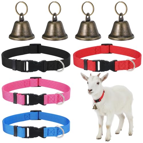 4 Pack Sheep Grazing Copper Bells & Adjustable Nylon Collar Set | Goat Collars with Bells, Bronze Bell for Find Your Animals Fast, Suitable for Small Newborn Animal Sheep Goat Cow Accessories