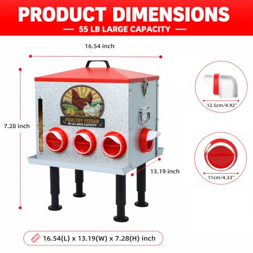 55LB Automatic Chicken Feeder Large with 8 No-Waste Ports | Large Poultry Feeder, Adjustable Legs, Viewing Window, Rainproof Lid, Locking Cover for Chickens, Ducks and Poultry