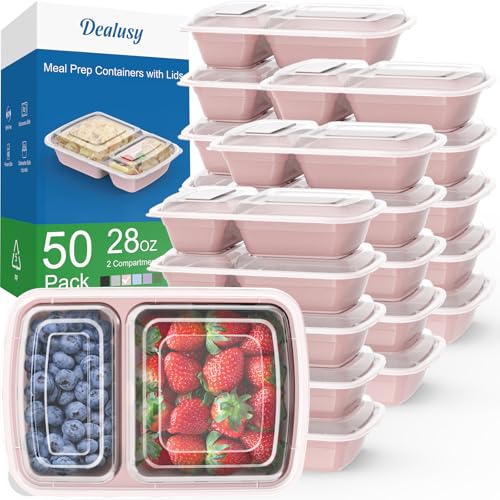 Dealusy 50 Pack 28 oz Meal Prep Containers with Lids 2-Compartment, Pink | Sturdy Leakproof & Food Safe, Microwave, Freezer, Dishwasher Safe Prep Containers, To Go Take Out Plastic Food Storage - color: Pink