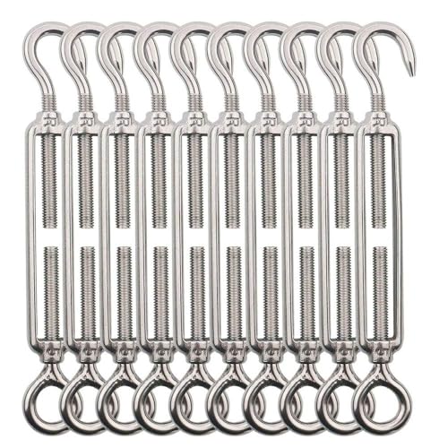 TooTaci 10 Pack M5 Turnbuckle, 304 Stainless Steel Turnbuckle Hook and Eye | Turnbuckles for Cables Wire, Turn buckle Tension Cable Tightener, Turnbuckle Wire Tensioner Kit for Sun Shade, Light Hanging - size: M5 OC-10Pcs