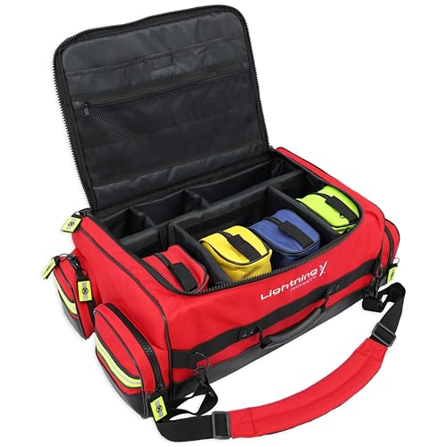 Lightning X Fully Stocked X-Tuff Modular Oxygen Trauma Bag w/Removable Organizer Pouches for EMS/EMT + First Responder - Red - color: Red