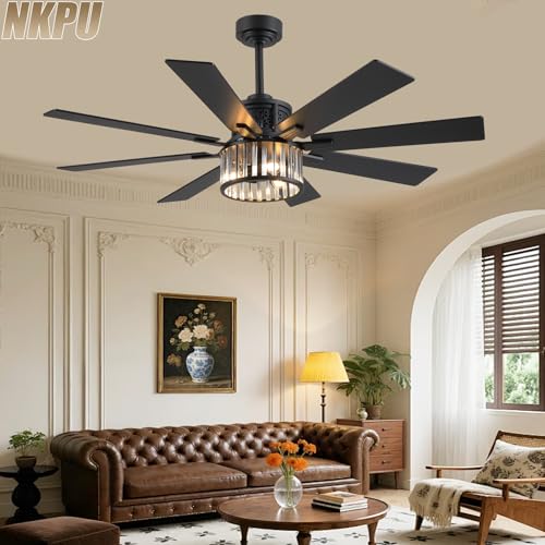 NKPU 52 Inch Farmhouse Crystal Ceiling Fans with Lights and Remote, Chandelier Industrial Ceiling Fan with Dual 8 Blades, 6 Speed Reversible Motor, Timing, Black Ceiling Fan for Living room Bedroom - color: Black-288