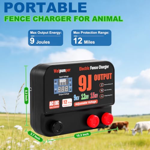 10 Joule Electric Fence Charger, Adjustable 9KV/12KV/15KV Output Voltage | 10 Joule Stored / 9 Joule Output Electric Fence Energizer, Range 12 Miles, 12V DC/100-240V AC Dual Power with Alarm