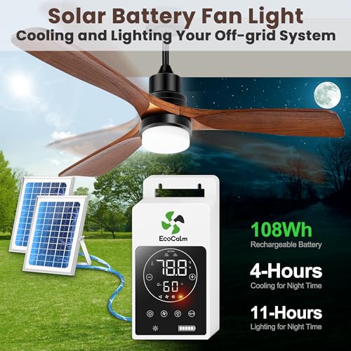 Solar Outdoor Ceiling Fan 52" with Battery and Smart Thermostat | Wood Walnut Fan, 2PCS 30W Bifacial Panels, Built-in Light, 3 Speeds, for Barn, Patio, Stable, Gazebo, Adjustable Temp Control - size: 52 inch