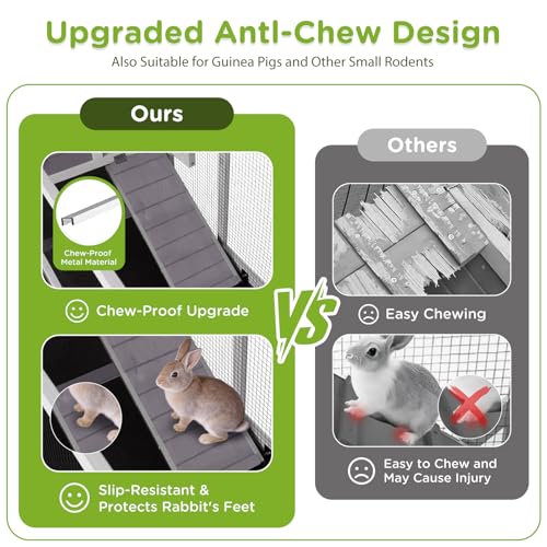 GUTINNEEN Large Rabbit Hutch Indoor with Chew-Proof Ramp, 62" L Wooden Rabbit Cage with 6 Casters, Bunny Cage with 2 Trays and 2 Story for Small to Medium Animals (Grey) - color: Grey