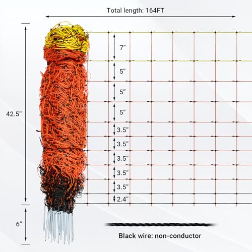 Electric Fence Netting 42.5" H x 164'L | with Posts and Double-Spiked Stakes, Portable Livestock Nets for Backyards, Homesteads, Gardens, Farms, and Ranches - size: 42.5"H x 164'L