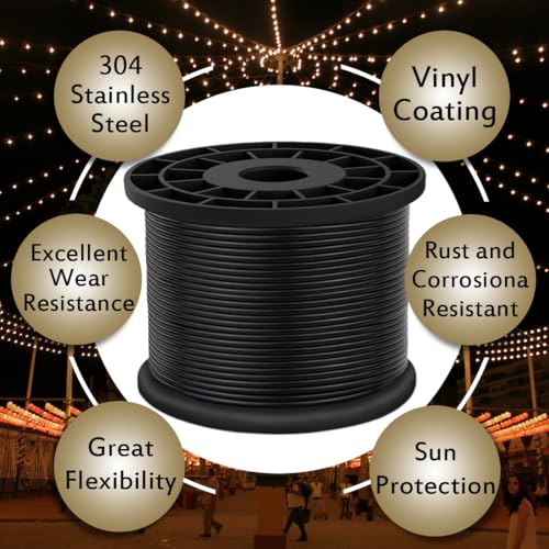 Vinyl Coated Wire Rope 304 Stainless Steel Coated Wire Cable-Black, 1/16" OD to 3/32" x 1000FT, with 300 Pcs Crimping Sleeves-Cable for String Lights, Suitable for Clotheslines - size: 1000FT