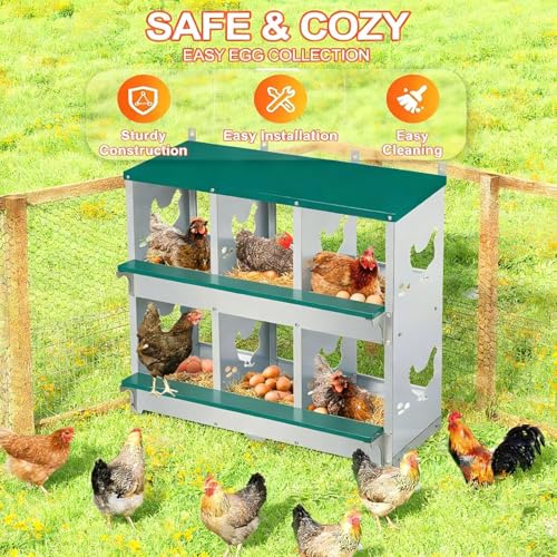 Chicken Nesting Box, 6 Compartments Nesting Box with 4 Fake Eggs & 10 Soft Nest Pads, Wall Mounting for Easy Egg Collection, Heavy Duty Galvanized Steel Rustproof Laying Box with Vented & Easy Clean - size: 6 compartment with Legs