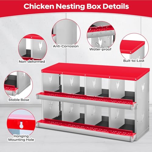8-Compartment Chicken Nesting Box, Heavy Duty Galvanized Steel Poultry Nest Box, Wall Mount/Freestanding Design for Hens, Ducks, Backyard Homesteads & Farm Use, Red, 10 Mats &4 Eggs, No Stand - color: Red, size: 8 Room&Mat eggs