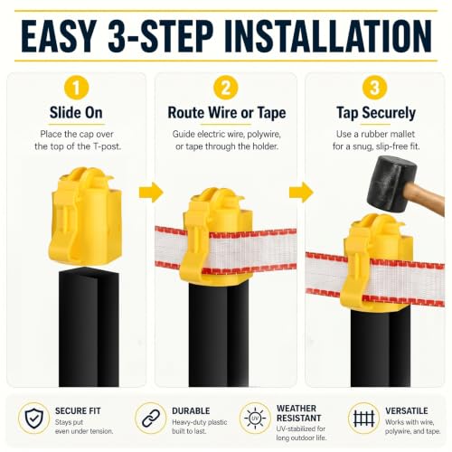 24 Pcs T-Post Topper Insulator, Yellow Electric Fence Insulators T Post Safety Cap, Heavy-Duty UV-Resistant T Post Caps for Wire Polywire or Tape, Livestock Farm Fence Supplies