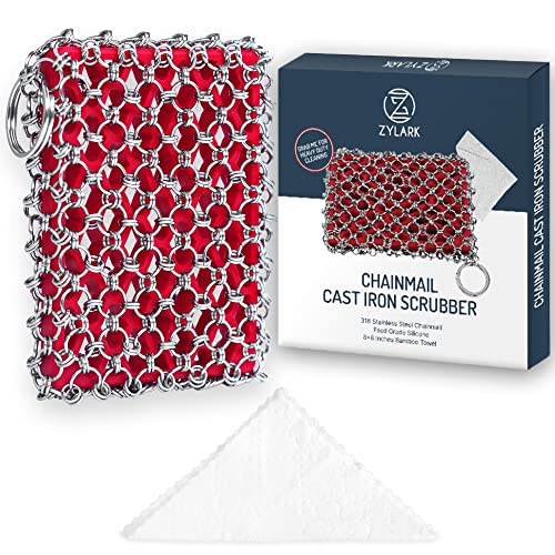 316L Cast Iron Scrubber Chainmail - Chain Mail Scrubber for Skillet, Pan | Cast Iron Cleaner Scrubber and Bamboo Cloth Set - Stainless Steel Chainmail Scrubber for Dutch Oven - Essential Accessory - style: Red CIS with Towel