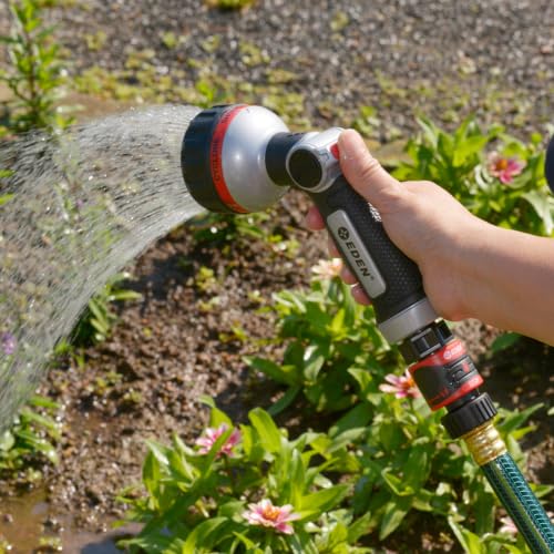 Eden 94814 Metal Thumb Control Heavy Duty Garden Hose Nozzle, Water Sprayer Nozzle with 6 Adjustable Watering Patterns, W/Quick Connect Starter Set for Plants, Lawn, Garden - style: Angled Thumb Control