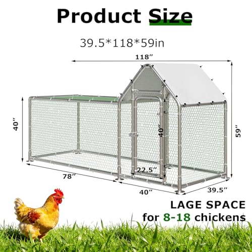Large Metal Chicken Coop Run, Outdoor Chicken Pen for Yard (9.8x3.3x4.9 ft) | Spire-Shaped Walk-in Coop with Waterproof & Anti-UV Cover. Heavy-Duty Metal Frame. Spacious for Chickens, Ducks, Rabbits.