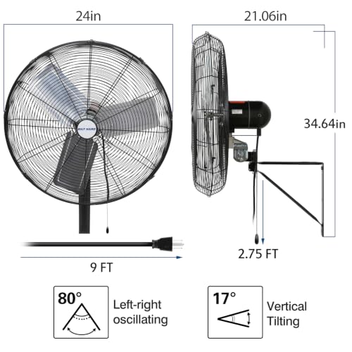 BILT HARD 24 in. 6500 CFM High Velocity Wall Fan, Industrial Wall Mount Oscillating Fan with 3 Speeds, Heavy Duty Shop Fan for Commercial, Garage, Warehouse, Workshops and Jobsites