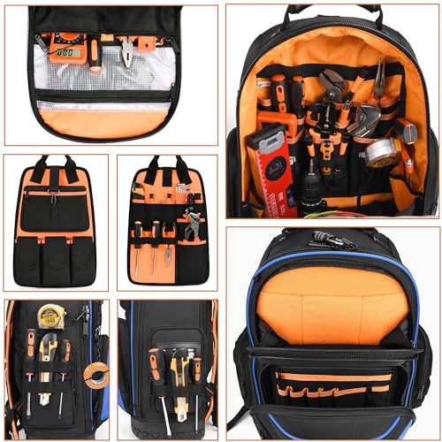 Tool Bag Backpack, 75 Pockets & Loops Heavy Duty Tools Organizer Bags/HVAC Tool Carrier for Eelectrician/Construction Work with Molded Base and Combination Lock, Large - Blue - color: Blue