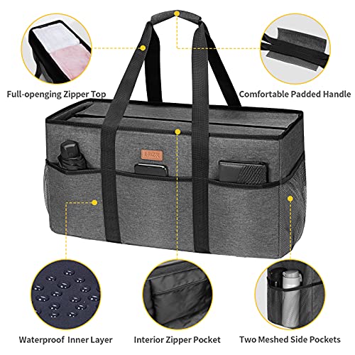 LHZK Stand Up Extra Large Utility Tote Bag with Lid, Utility Tote Bag with Metal Wire Frame and the Sides Rinforced, Reusable Grocery Bags Foldable, Beach Bag, Car Tote (Gray) - color: Gray, size: 22.5''x10.3''x12''-1 Pack