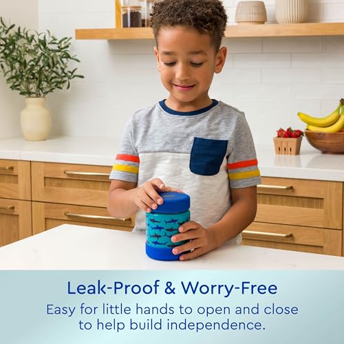 Bentgo Kids Stainless Steel Leak-Proof Food Jar for Hot or Cold Food | 11 fl oz Double Insulated Container with Removable Silicone Bumper, Dishwasher Safe, Easy Open Lid, Ages 3+ (Sharks) - color: Shark