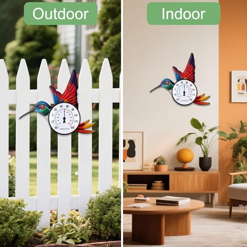 Indoor Outdoor Thermometer, Large Wall Hummingbird Thermometer Hygrometer No Need Battery, Easy to Read Decorative Outside Thermometer for Patio, Garden，Yard