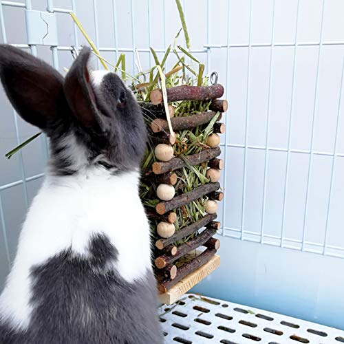 Hanging Apple Wood Rabbit Hay Feeder for Chinchilla Bunny Hamster Gerbil | Guinea Pig Grass Holder with 2 Hooks, Biting Resistant Small Animals Chew Toy, Feeding Hay Manager Shelf for Holiday Gifts
