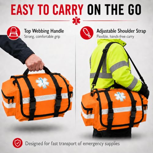 NOVAMEDIC NM-RO63P Professional First Responder Bag, 17” x 9” x 7” Empty EMT Trauma Kit Carrier with Removable Dividers, Reflective Strips, Water-Resistant Base for Emergency Medical Supplies (Orange) - color: Orange