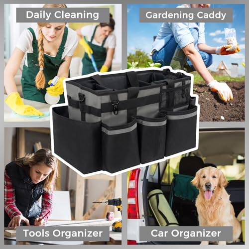 SCAVATA Wearable Cleaning Caddy, Cleaning Caddy Supplies Organizer with Handle & Shoulder Straps for Housekeepers, Under Sink & Car Cleaning Tool Organizers Bag with 4 Foldable Divider (MediumGrey) - color: MediumGrey