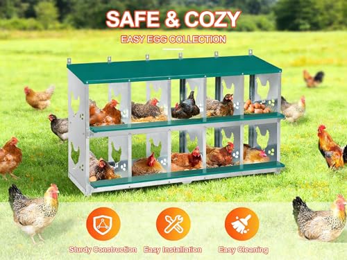 10-Compartment Chicken Nesting Box, Heavy Duty Galvanized Steel Poultry Nest Box, Wall Mount/Freestanding Design for Hens, Ducks, Backyard Homesteads & Farm Use, Green, 10 Mats &4 Eggs, No Stand - color: Green, size: 10 Room&Mat eggs