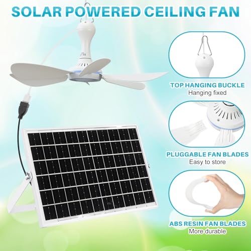 Tujoe 2 Set Solar Powered Ceiling Fan Kit for Outdoor,Portable 15W Solar Panel Powered USB Small Hanging Fan,Dual Charging Modes,for Chicken Coop, Tent,Greenhouse, Shed, Gazebo