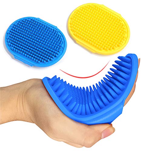 Dog Grooming Brush, Pet Shampoo Bath Brush Shedding Soothing Massage Rubber Comb with Adjustable Ring Handle for Long Short Haired Dogs and Cats 2pcs - color: Blue & Yellow