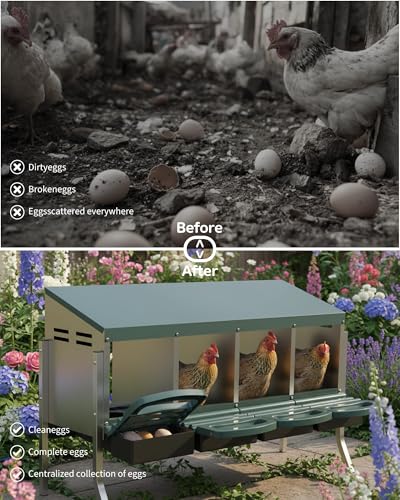 Metal Chicken Nesting Box with Easy-Collect Tray & Lid – 3/4/2x2 Compartment Heavy Duty Roll Away Nesting Boxes for Chickens, Wall Mount or Freestanding, Galvanized Steel Hen Laying Box for Coop