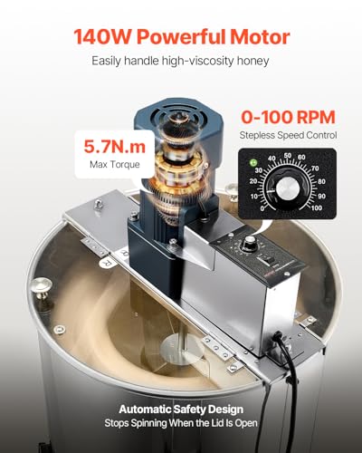 VEVOR Electric Honey Extractor, 3 Frame Honey Extractor with Transparent Lid, Stainless Steel Honeycomb Drum Spinner, Height Adjustable, Honeycomb Extraction Equipment for Beekeeping - style: 3 Frame